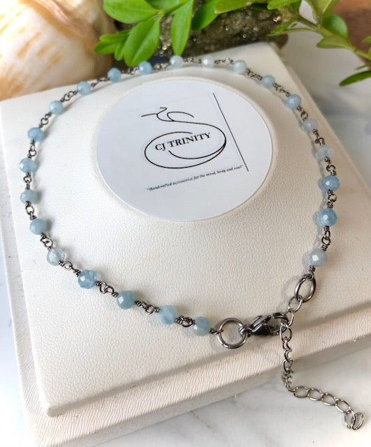 Dainty AQUAMARINE - Minimalist- Rosary Chain Style Anklet