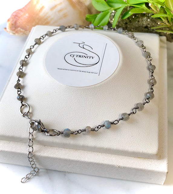 Dainty LABRADORITE-Blue Flash-Minimalist- Rosary Chain Style Anklet