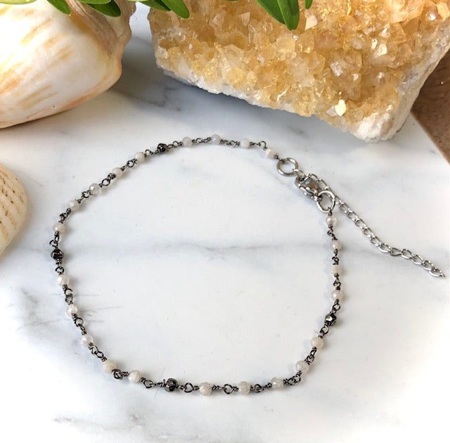 Dainty PYRITE & MOONSTONE-Minimalist- Rosary Chain Gemstone Anklet