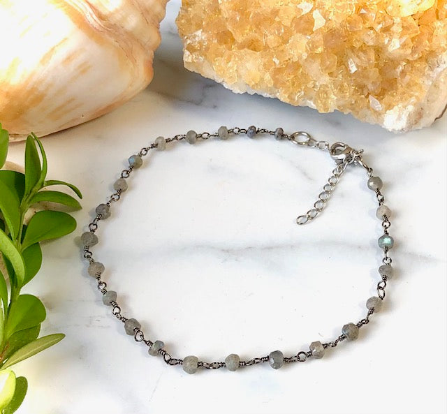 Dainty LABRADORITE-Blue Flash-Minimalist- Rosary Chain Style Anklet