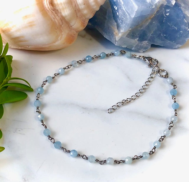 Dainty AQUAMARINE - Minimalist- Rosary Chain Style Anklet
